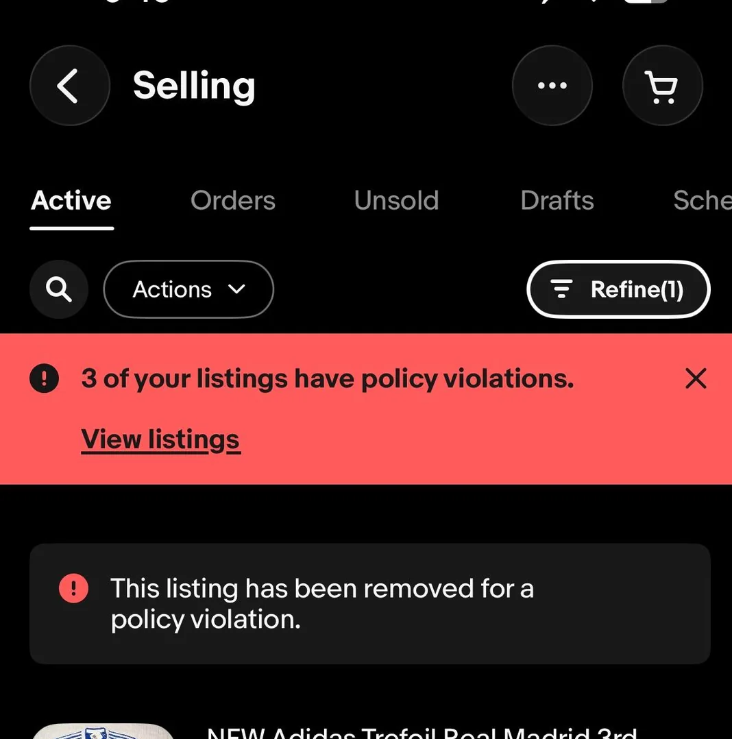 Screenshot of eBay's policy violation email